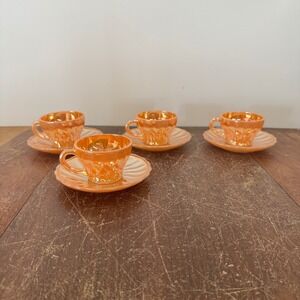 Anchor Hocking Fire Ring Orange Peach Lusterware Carnival Glass‎ Cup Saucer Set